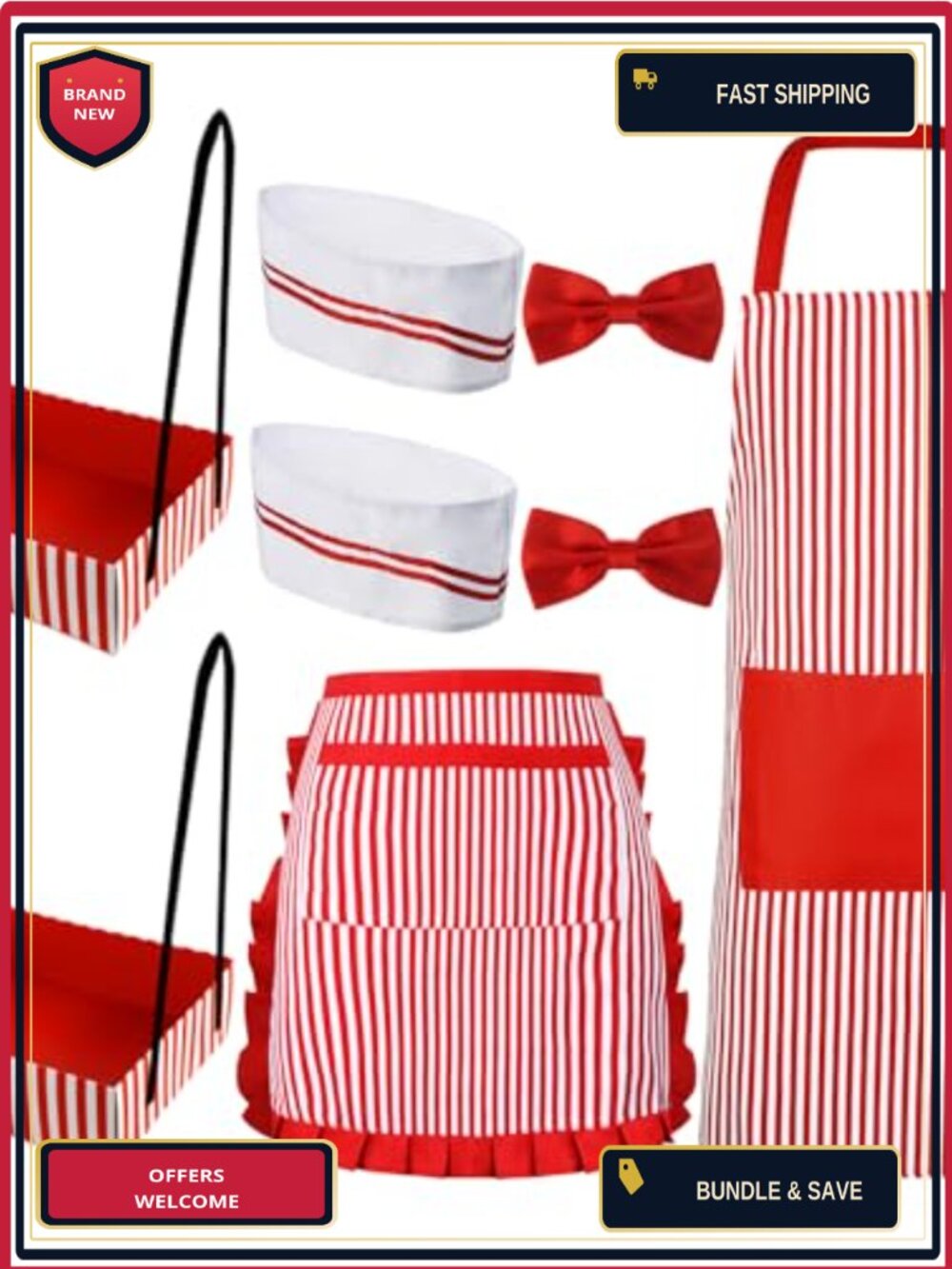 Waiter Couple Costume 8 Pc Set 50s Retro Halloween Aprons Hats Ties Trays